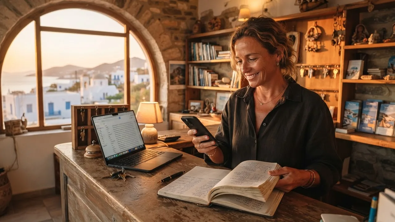 Gestore di hotel all'Elba al banco reception tra telefono e quaderno per risparmiare tempo nella gestione prenotazioni Elba hotel