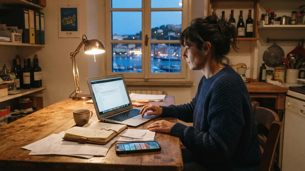 Titolare di impresa all'Elba al computer che cerca da dove iniziare con AI Elba tra messaggi e preventivi