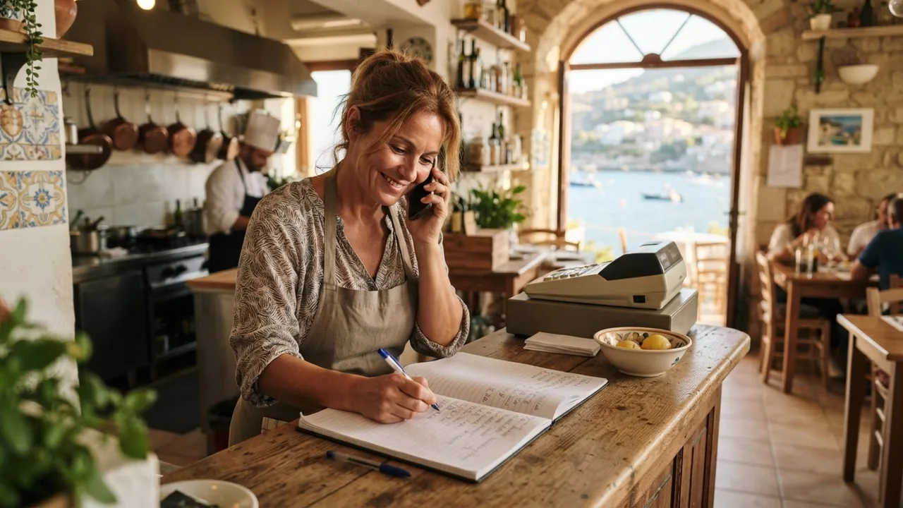 Titolare di ristorante all'Elba che gestisce prenotazioni e messaggi mentre cerca di risparmiare tempo con AI