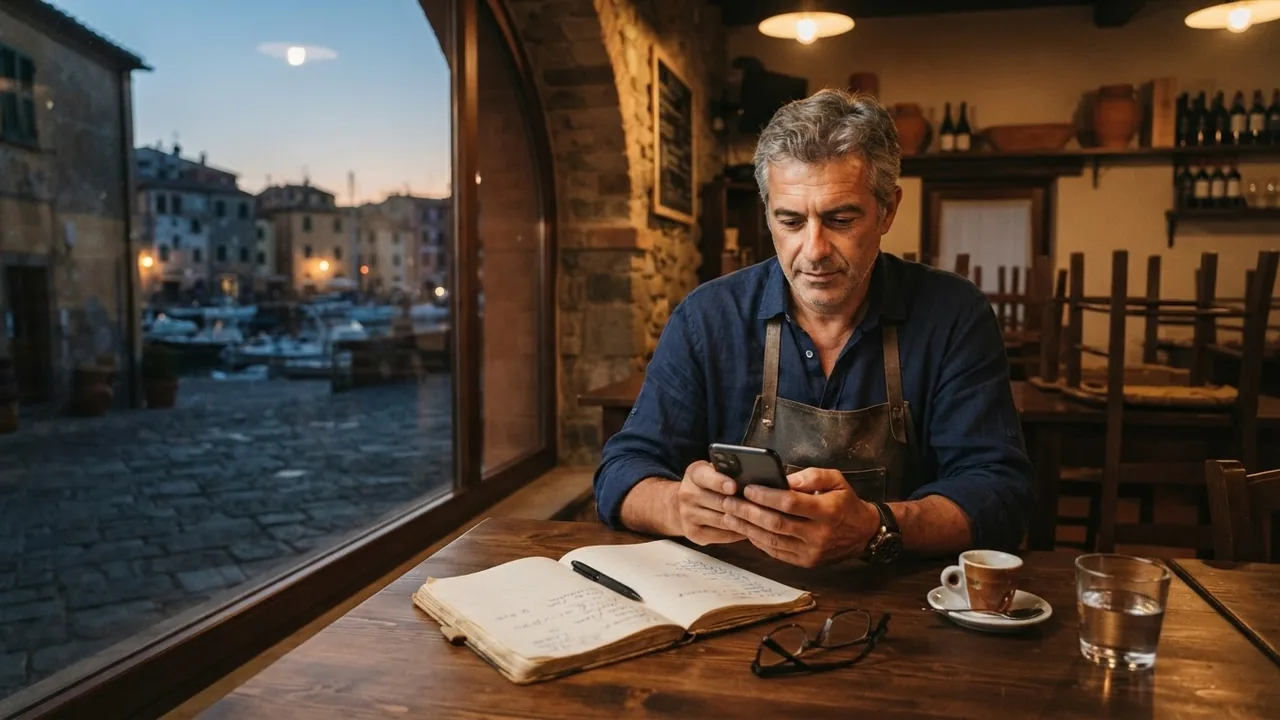 Titolare di ristorante all'Elba che consulta le prenotazioni sul telefono, esempio concreto di un corso AI con esempi concreti Elba
