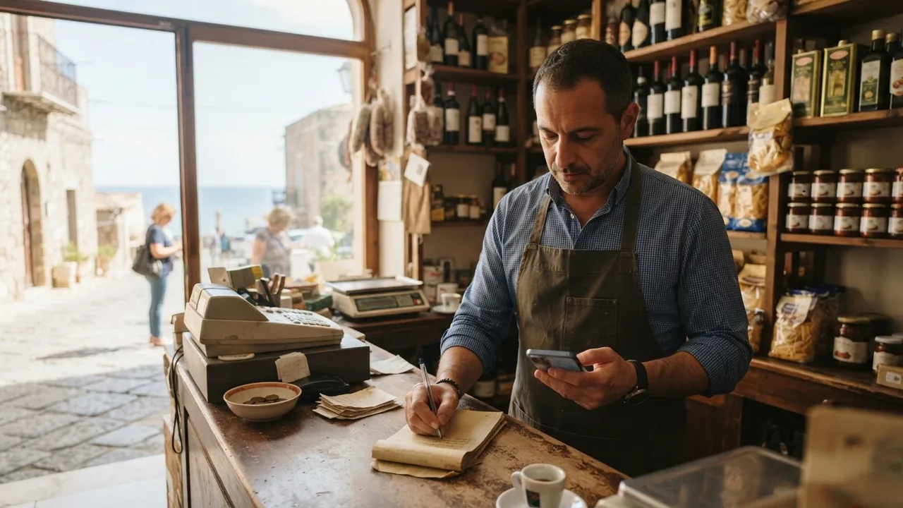 Titolare di negozio al banco che usa lo smartphone: un esempio concreto di ai per negozi elba esempi concreti nella giornata di lavoro