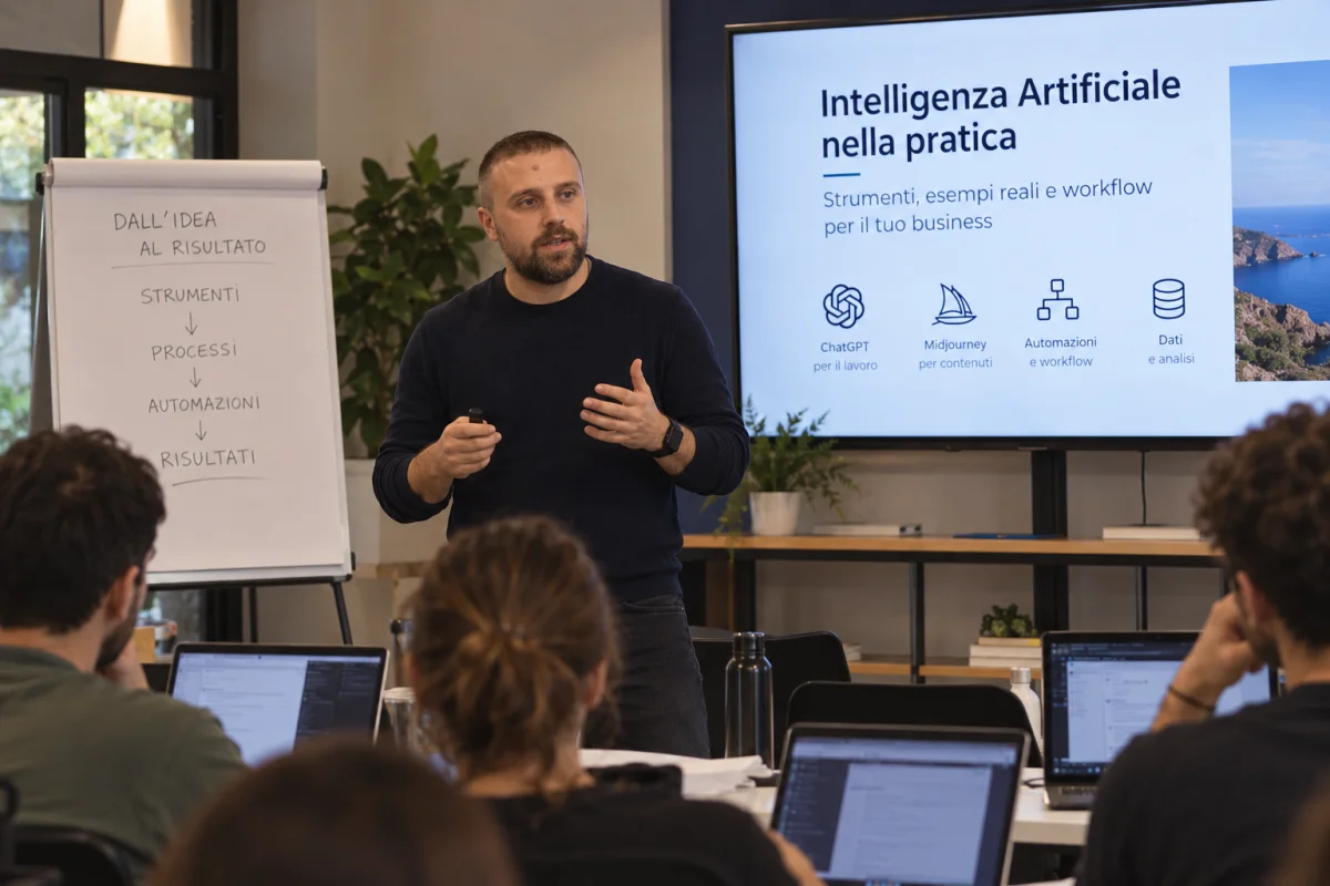 Una scena di formazione per imprese, con persone al lavoro e una presentazione dell’AI e dell’Elba sullo sfondo. Immagine di ambientazione elaborata con AI.
